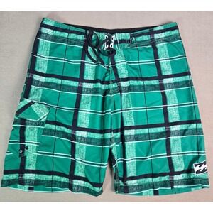 Billabong Platinum X Board Shorts Mens 38 Green Plaid M104QRUS Hydro Stretch